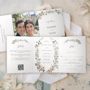 Watercolor Rose Vines Bird Chic All in One Wedding Tri-Fold Invitation