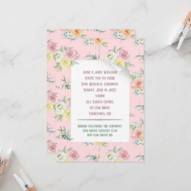 Watercolor Rose Vow Renewal Invitation (Front/Back In Situ)