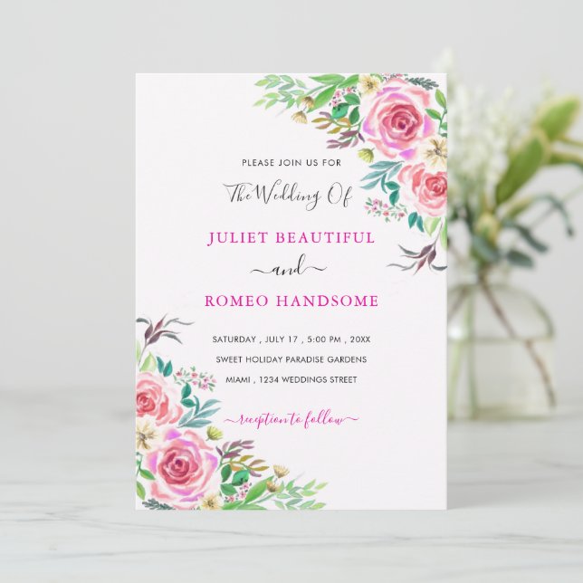 Watercolor Rose Wedding Invitation Template (Standing Front)