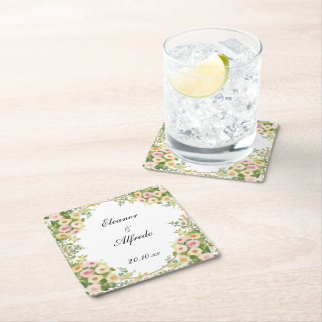 Watercolor Rose Wedding  Square Paper Coaster (Insitu)