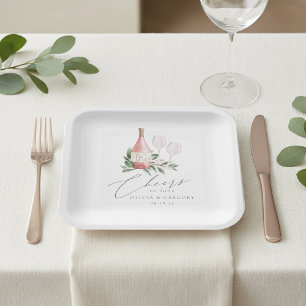 Watercolor Rose Wine Botanical Cheers to Love Paper Plate