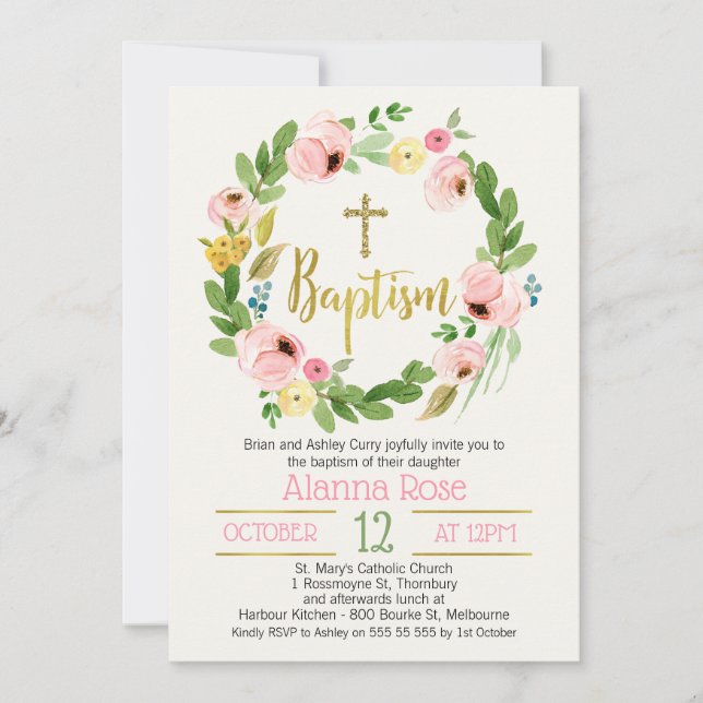 Watercolor Rose Wreath Baptism Invitation (Front)