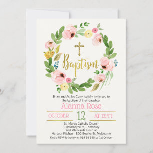 Watercolor Rose Wreath Baptism Invitation