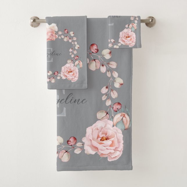 Watercolor Rose Wreath Personalised | Grey Bath Towel Set (Insitu)