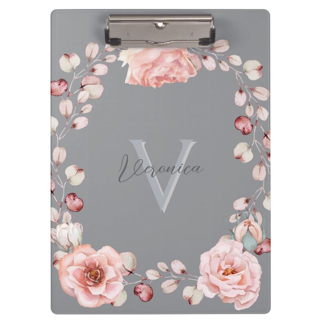 Watercolor Rose Wreath Personalised | Grey Clipboard (Front)