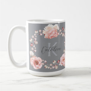 Watercolor Rose Wreath Personalised Grey Coffee Mug