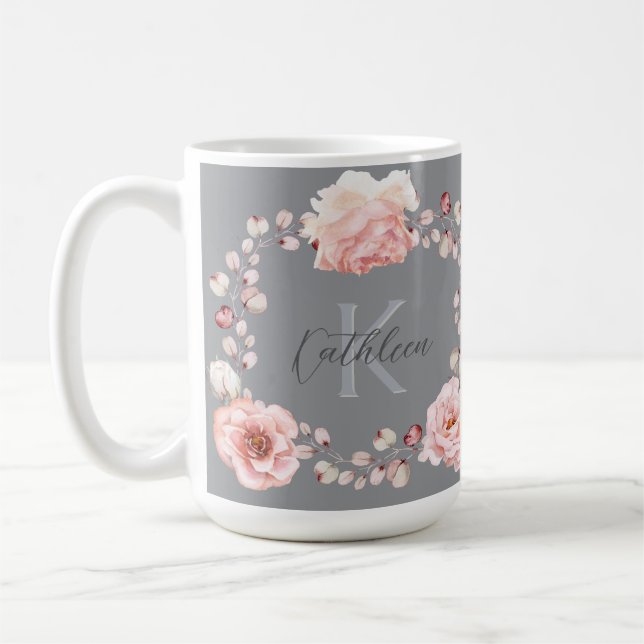 Watercolor Rose Wreath Personalised | Grey Coffee Mug (Left)