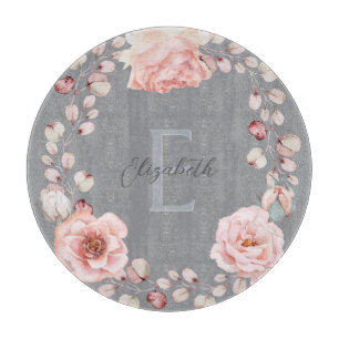 Watercolor Rose Wreath Personalised Grey Cutting Board
