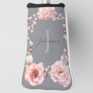 Watercolor Rose Wreath Personalised   Grey Golf Head Cover
