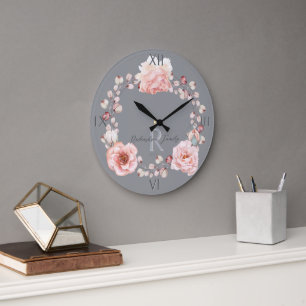 Watercolor Rose Wreath Personalised Grey Large Clock