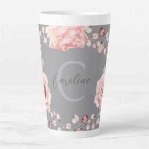 Watercolor Rose Wreath Personalised   Grey Latte Mug