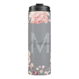 Watercolor Rose Wreath Personalised Grey Thermal Tumbler
