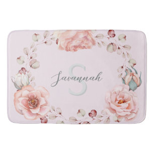Watercolor Rose Wreath Personalised Pink Bath Mat