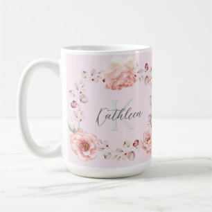 Watercolor Rose Wreath Personalised Pink Coffee Mug