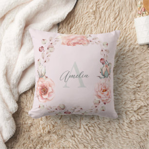 Watercolor Rose Wreath Personalised   Pink Cushion