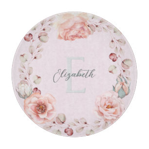 Watercolor Rose Wreath Personalised Pink Cutting Board