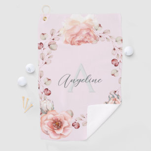 Watercolor Rose Wreath Personalised Pink Golf Towel