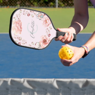 Watercolor Rose Wreath Personalised   Pink Pickleball Paddle