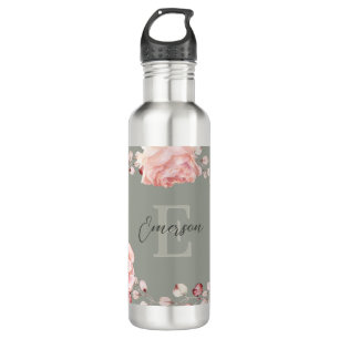 Watercolor Rose Wreath Personalised Sage Green 710 Ml Water Bottle