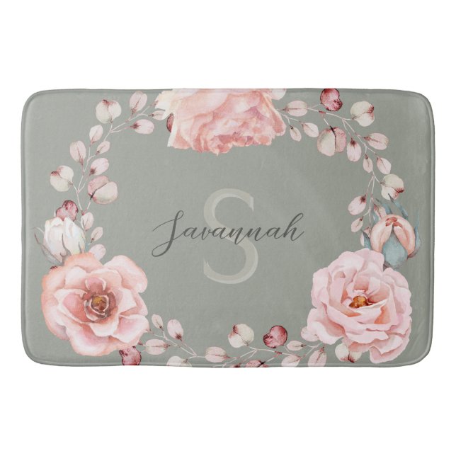 Watercolor Rose Wreath Personalised | Sage Green Bath Mat (Front)