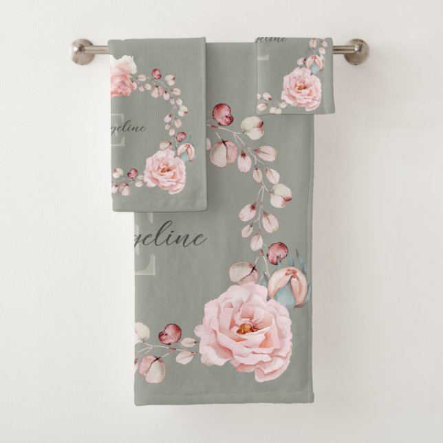 Watercolor Rose Wreath Personalised | Sage Green Bath Towel Set (Insitu)