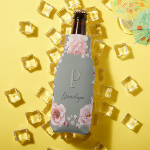 Watercolor Rose Wreath Personalised Sage Green Bottle Cooler