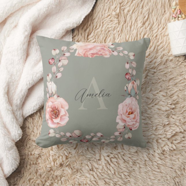 Watercolor Rose Wreath Personalised | Sage Green Cushion (Blanket)