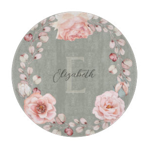 Watercolor Rose Wreath Personalised   Sage Green Cutting Board