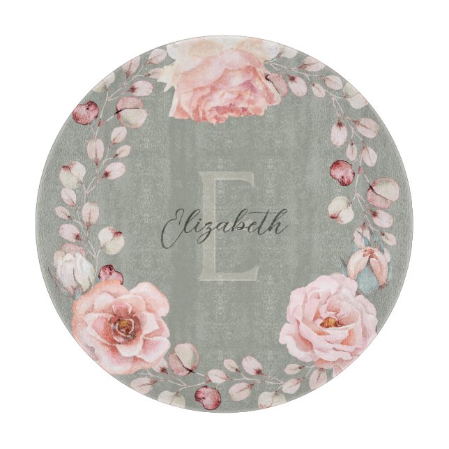 Watercolor Rose Wreath Personalised | Sage Green Cutting Board (Front)