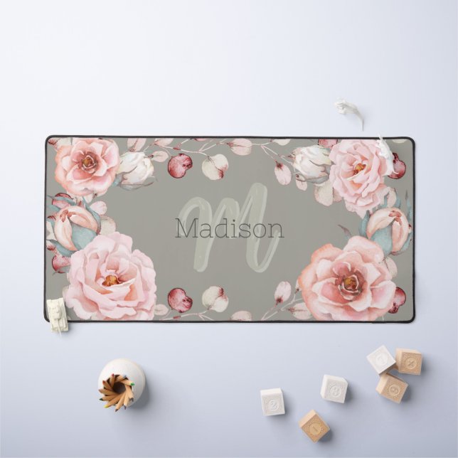 Watercolor Rose Wreath Personalised | Sage Green Desk Mat (Kids Table)