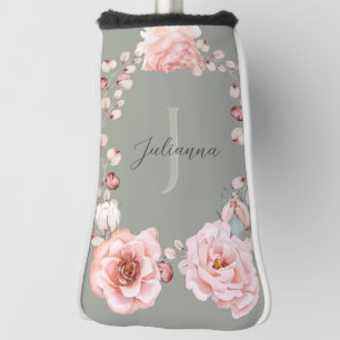 Watercolor Rose Wreath Personalised   Sage Green Golf Head Cover