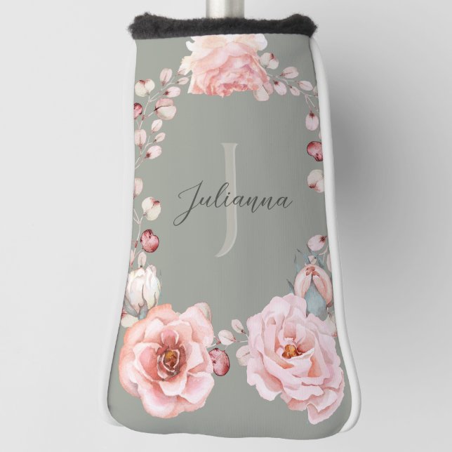Watercolor Rose Wreath Personalised | Sage Green Golf Head Cover (Rotate 90)