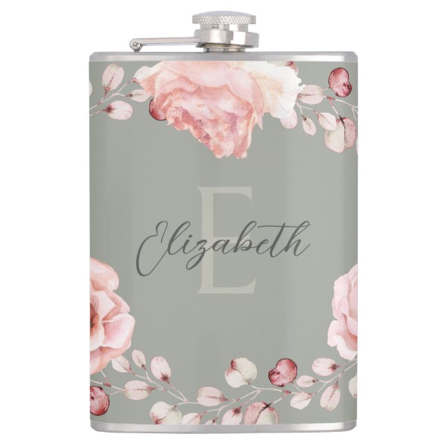 Watercolor Rose Wreath Personalised | Sage Green Hip Flask (Front)