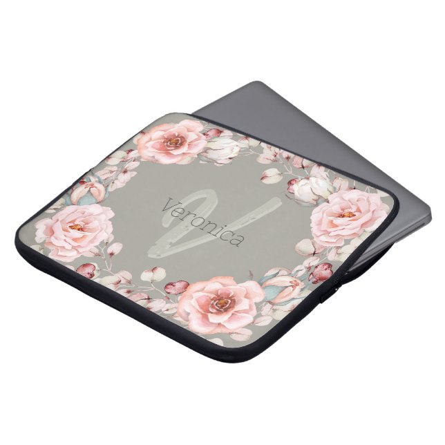 Watercolor Rose Wreath Personalised | Sage Green Laptop Sleeve (Front Top)