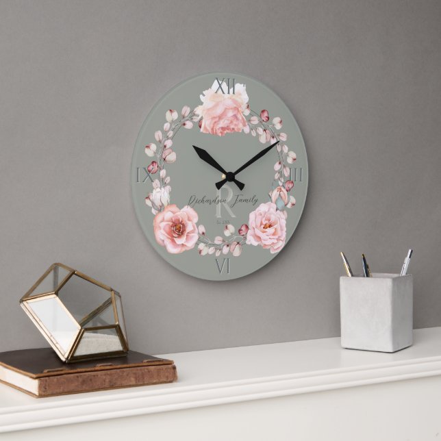 Watercolor Rose Wreath Personalised | Sage Green Large Clock (Office)