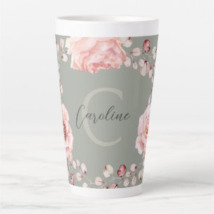 Watercolor Rose Wreath Personalised   Sage Green Latte Mug