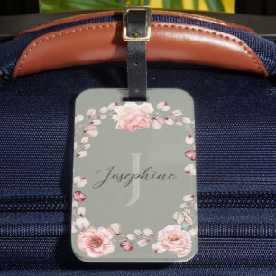 Watercolor Rose Wreath Personalised   Sage Green Luggage Tag