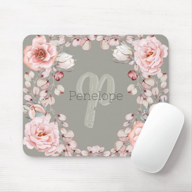 Watercolor Rose Wreath Personalised | Sage Green Mouse Mat (With Mouse)