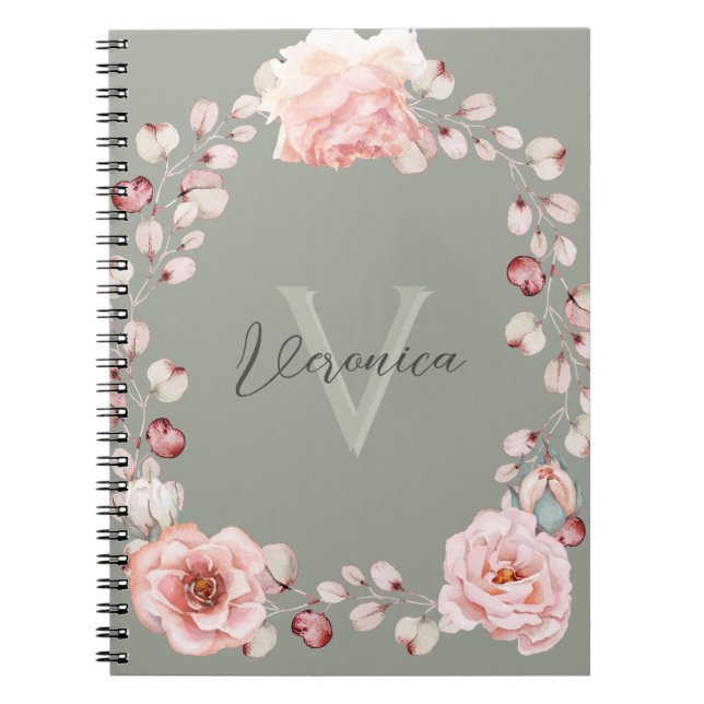 Watercolor Rose Wreath Personalised | Sage Green Notebook (Front)