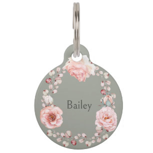 Watercolor Rose Wreath Personalised Sage Green Pet Tag