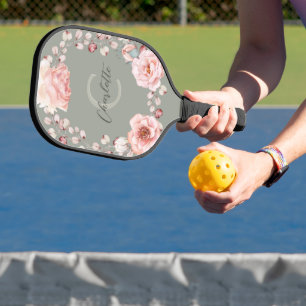 Watercolor Rose Wreath Personalised   Sage Green Pickleball Paddle