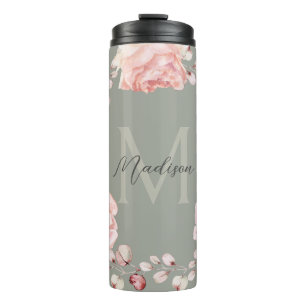 Watercolor Rose Wreath Personalised   Sage Green Thermal Tumbler