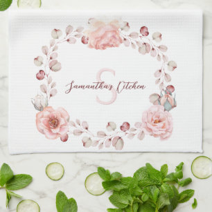 Watercolor Rose Wreath Personalised Tea Towel