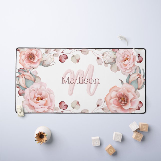Watercolor Rose Wreath Personalised | White Desk Mat (Kids Table)