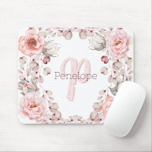 Watercolor Rose Wreath Personalised White Mouse Mat