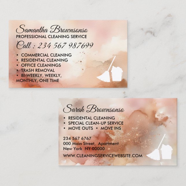 Watercolor Rosegold Cleaning Maid Janitorial Business Card (Front/Back)