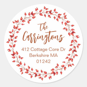 Watercolor Rosehip Wreath Christmas Return Address Classic Round Sticker