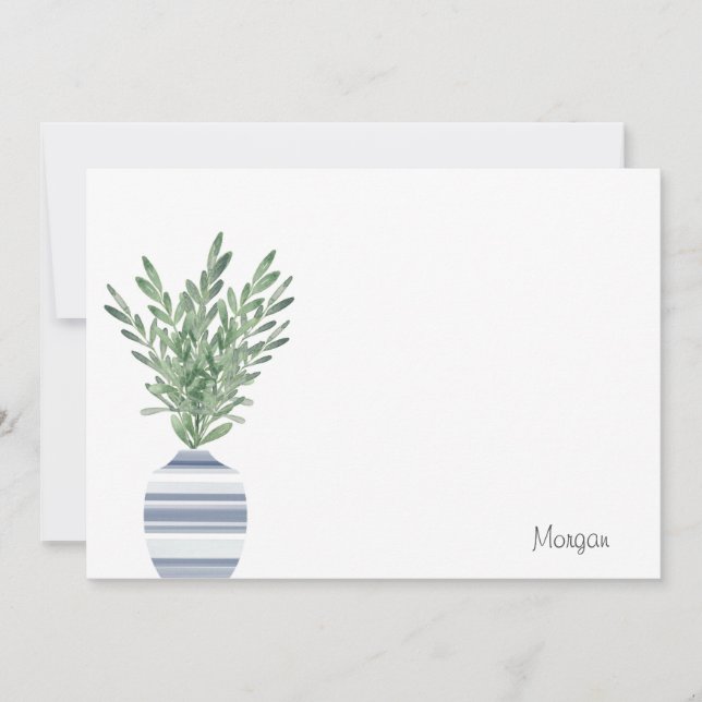 Watercolor Rosemary & Blue Striped Vase Card (Front)