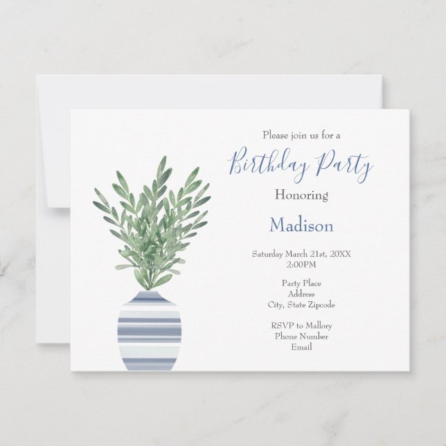 Watercolor Rosemary & Blue Striped Vase Invitation (Front)