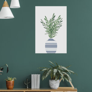 Watercolor Rosemary & Blue Striped Vase  Poster